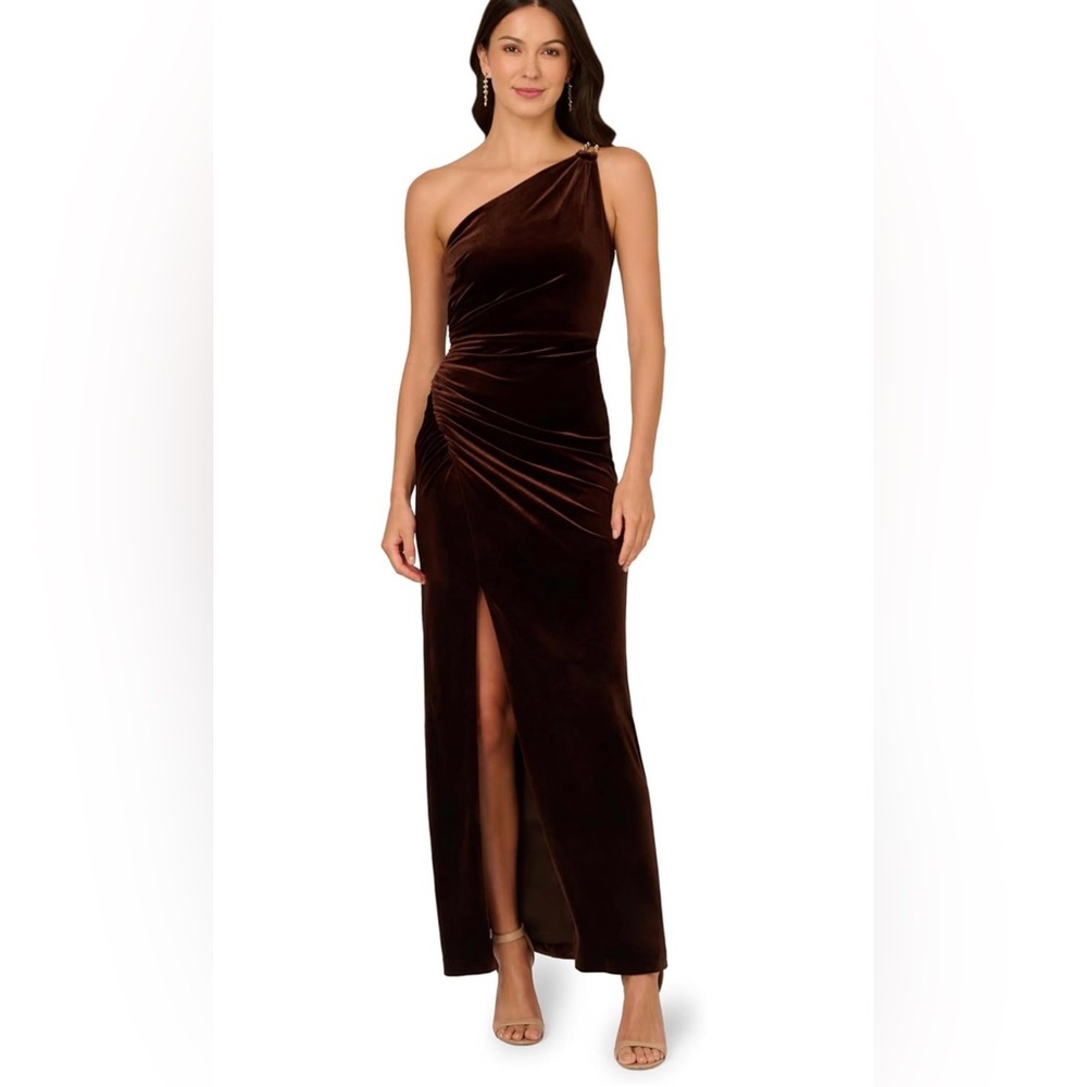 Adrianna Papell Chocolate One-Shoulder Dress